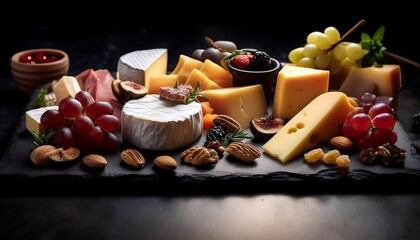 Luxurious cheese board with soft and buttery selections and fresh fruits in an elegant setting. Generative AI