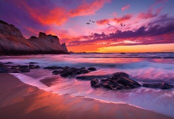 vibrant coastal landscapes sunset dramatic reflections calm waters beautiful skies, beach, coastline, ocean, waves, sky, horizon, dusk, seascape