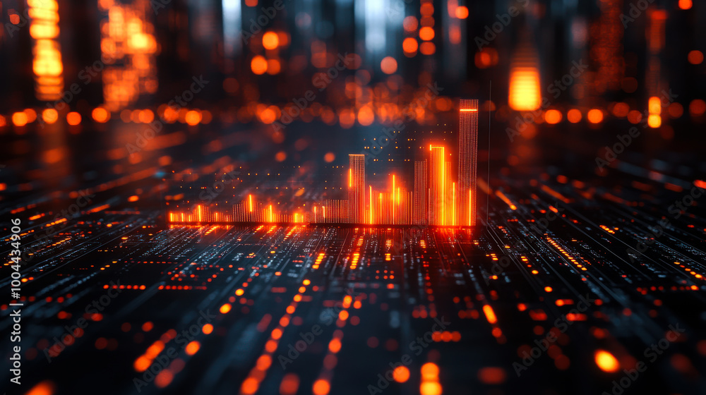 Poster colorful digital data visualization displaying vibrant bar graphs and intricate graph lines on a tec