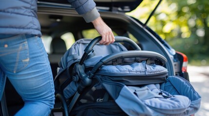 Hands folding stroller for car trunk storage. Parenting lifestyle and travel solutions.