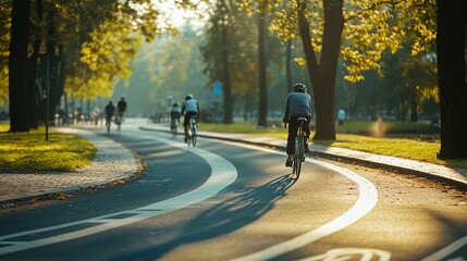 A curvy bike lane marked for cyclists winds through a park, showcasing men riding in the background and highlighting the recreational and fitness benefits of cycling.