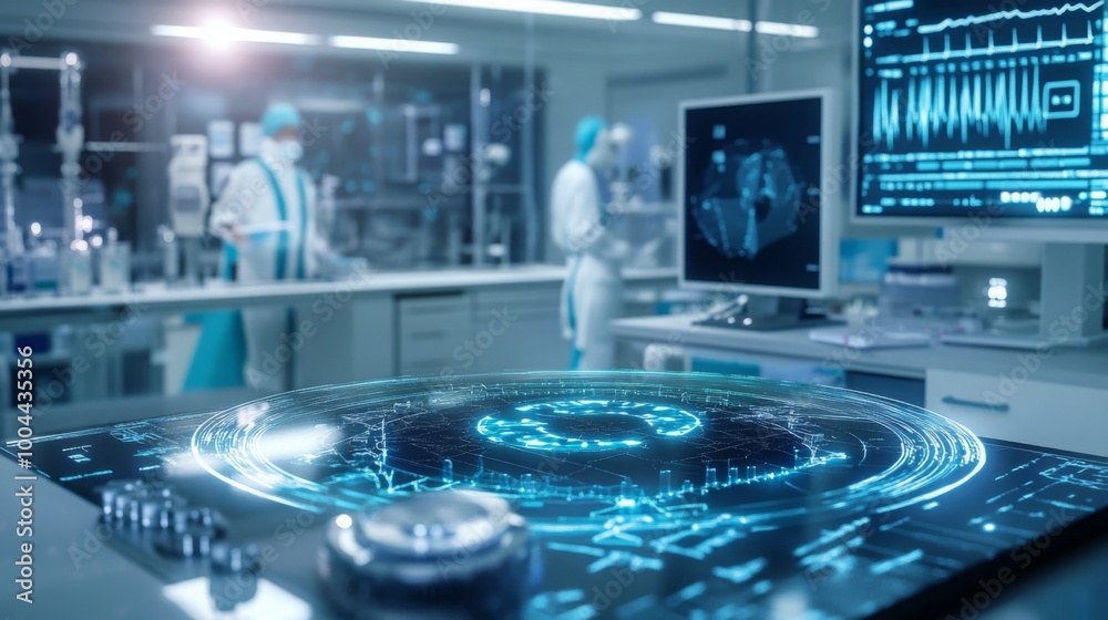 Poster A sophisticated holographic interface projects data above a sleek workbench in a contemporary lab. Researchers in protective gear analyze complex information while using high-tech equipment nearby.