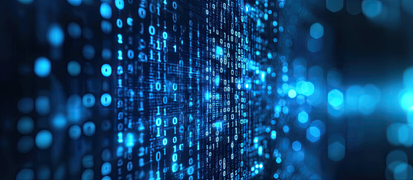 Blue binary code matrix depicting information flow screen
