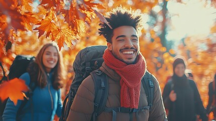 A man hikes joyfully with friends through an autumn forest, surrounded by vibrant colors.