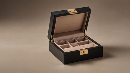 A sleek, matte-finish jewelry box slightly open, revealing a soft velvet interior, set on a neutral surface, with no branding, highlighting its luxury and simplicity.