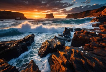 Obraz premium dynamic ocean waves crashing rugged cliffs creating dramatic seascapes natural sculptures featuring coastal textures deep blue waters, beach, rock, shore