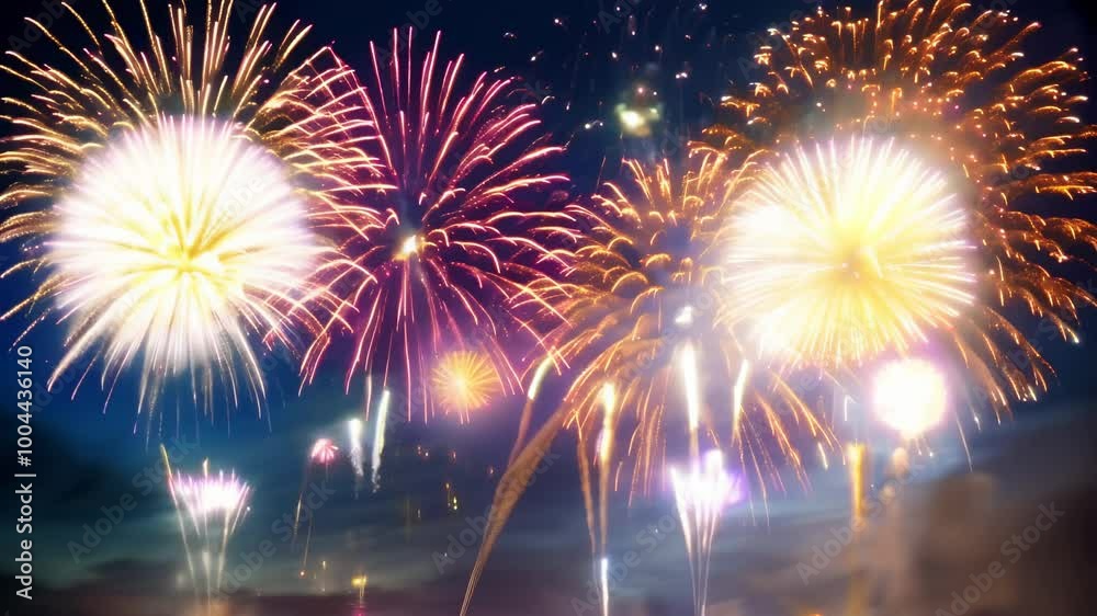 Poster brightly colored fireworks are exploding in the night sky, creating a festive atmosphere for a new y