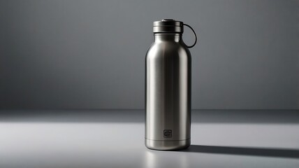 A sleek, stainless steel water bottle placed on a solid-colored cube, with soft shadows and a monochromatic background, focusing on the clean design and minimalist aesthetic.