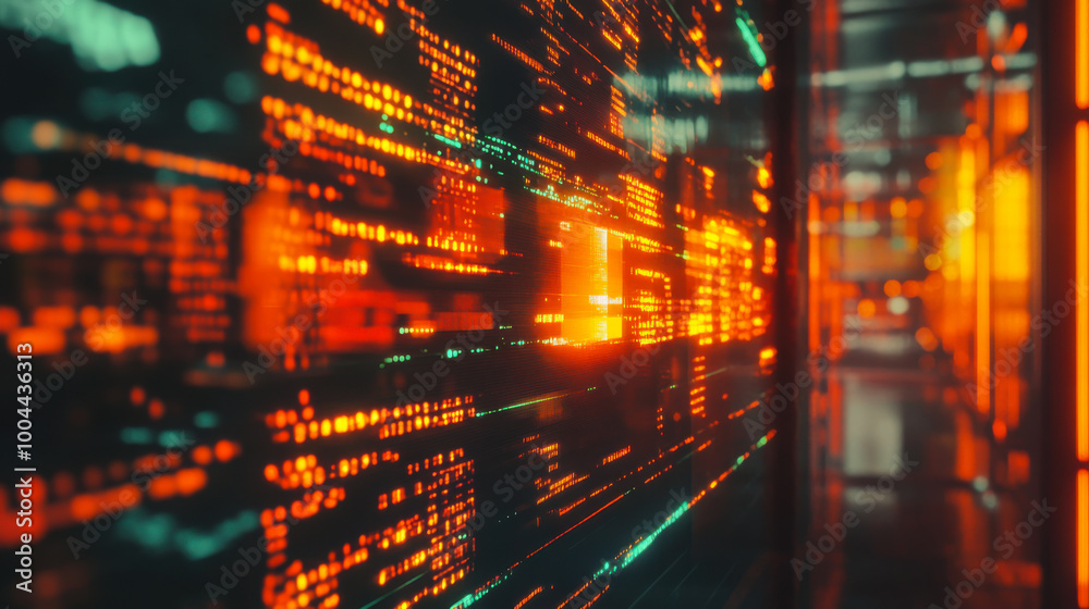 Poster dynamic digital data stream in a futuristic setting with glowing orange patterns reflecting technolo