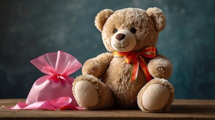 Fototapeta premium A soft plush teddy bear sitting inside a transparent gift bag, tied with a colorful ribbon, placed on a wooden table, evoking a playful and heartwarming gift idea.