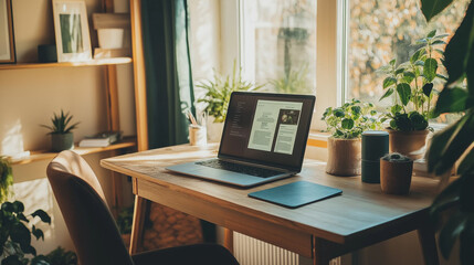 Warm and Inviting Cozy Home Office Setup with Stylish Desk, Ergonomic Chair, and Natural Light