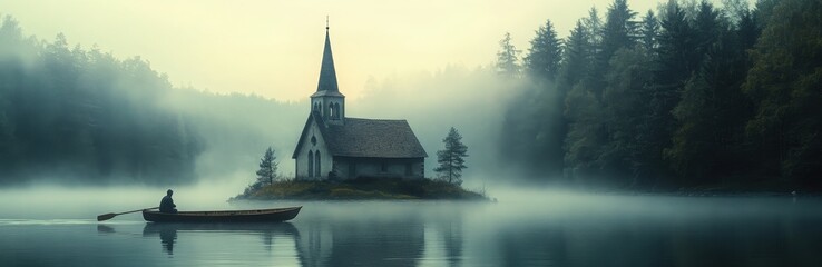 A tranquil boat ride past a serene church on a foggy island at dawn