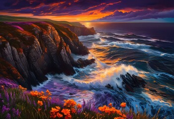 Naklejka premium stunning coastal landscapes bathed vibrant drama striking light rich colorful elements capturing untamed beauty, beach, coastline, ocean, waves, sunset