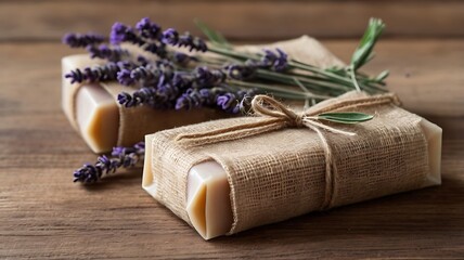 A bar of artisanal handcrafted soap wrapped in natural burlap, with a sprig of lavender tied around it, set against a rustic wood surface, perfect for an eco-friendly, thoughtful gift.