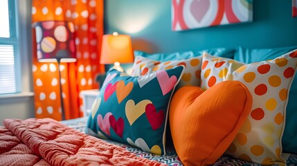 A bright and cheerful bedroom with heart shaped pillows in bold colors reflecting a fun personality
