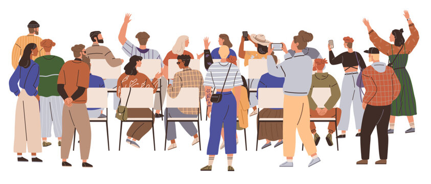 Diverse group of people gathered in a circle, engaging in an interactive meeting or seminar. Ideal for teamwork, education, collaboration, events, and communication themes. Flat art style