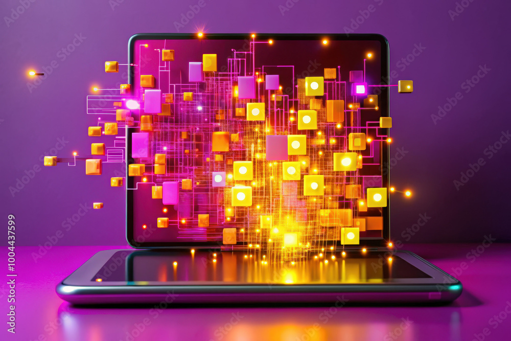 Poster a vibrant digital display bursting with colorful data visualizations in a modern workspace at dusk. 