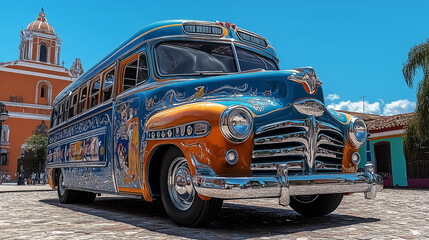 Vibrantly Decorated Vintage Bus in a Colorful Plaza, Ideal for Travel Promotions and Cultural Events. Design for Wall Art, Poster Print, Wallpaper & Background