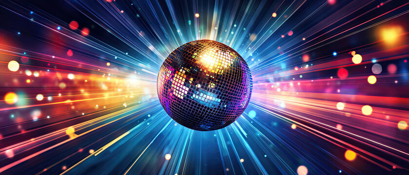 Disco ball exploding with rainbow light rays