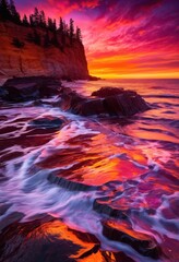 Fototapeta premium vibrant sunset reflected dynamic shoreline colorful hues sky water, beach, colors, reflection, landscape, horizon, light, waves, orange, pink, purple