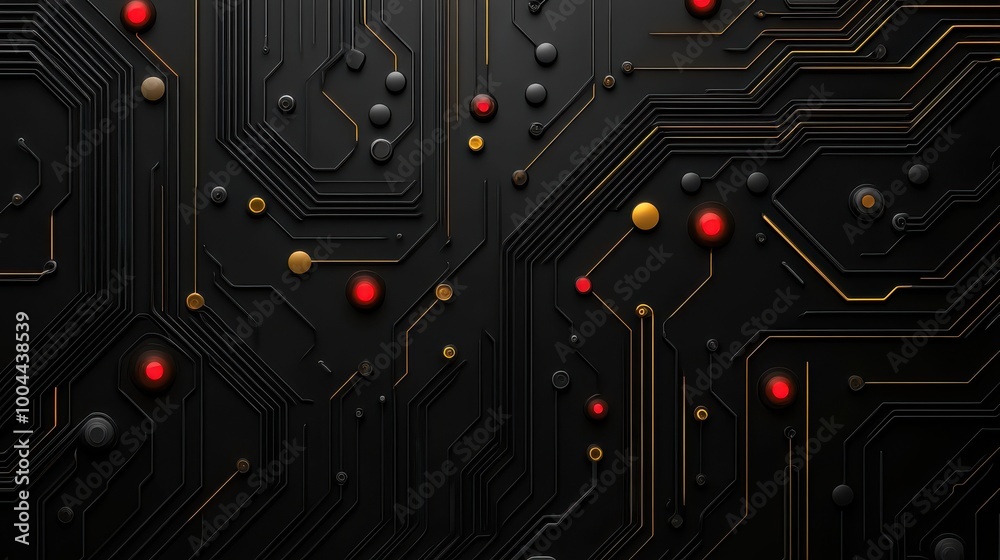 Poster a detailed abstract circuit board design featuring glowing red and gold nodes, representing technolo
