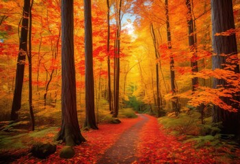 Obraz premium stunning display vibrant autumn leaves covering serene forest trail surrounded tall trees golden sunlight, nature, orange, red, yellow, path, ground, scenery