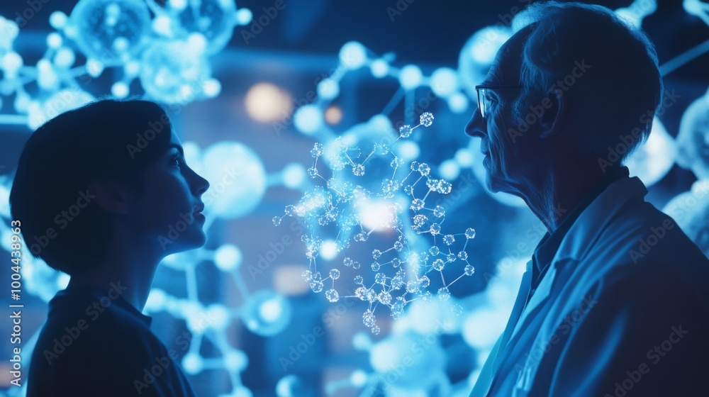 Aufkleber a young woman and an older man engage in a meaningful discussion about molecular structures in a lab