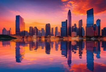 Fototapeta premium vibrant cityscape dawn highlighting stunning reflections skyscrapers water bodies bathed warm sunlight, architecture, buildings, contemporary, contrast