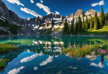 majestic mountain peaks reflecting crystal clear lake surrounded lush greenery bright blue sky, alpine, beauty, breathtaking, charm, clouds, environment