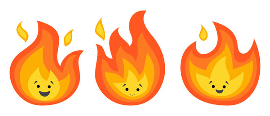 Three cute flame characters with happy faces in various expressions and poses. Ideal for kids themes, fire safety education, animations, and playful designs. Bright and cheerful style