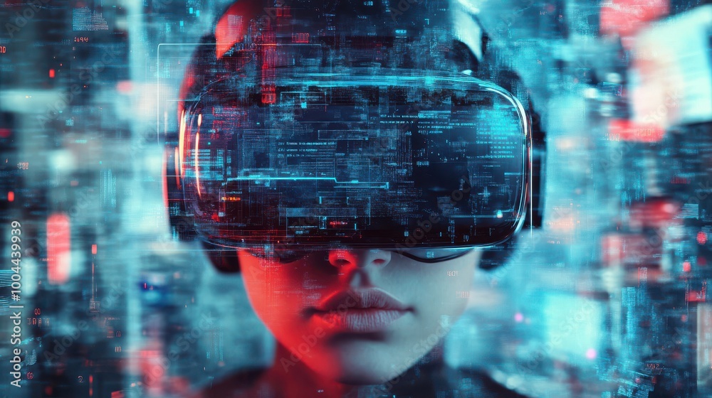 Poster virtual reality headset providing aid, digital world overlay, symbolizing virtual process in problem