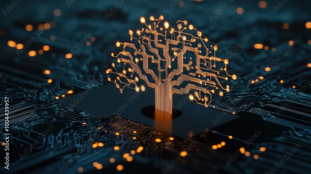 Poster abstract digital process tree, glowing circuits, representing virtual aid in data organization