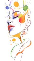A beautiful line drawing of a face, eyes closed and lips slightly parted in an elegant pose, with colorful abstract shapes floating around it.