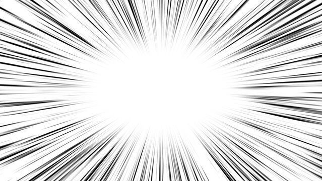 Black anime speed lines on white. Radial comic light speed lines. Velocity lines, flash action concept. High-speed, black and white speed lines. Manga anime background. 