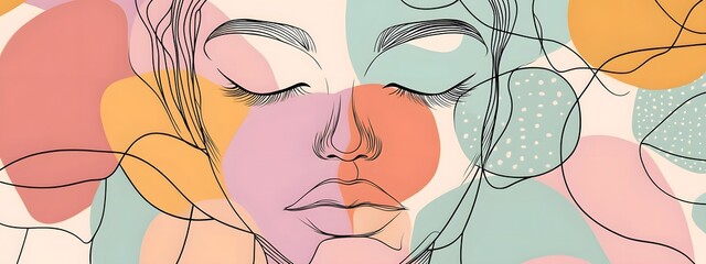 A beautiful line drawing of a face, eyes closed and lips slightly parted in an elegant pose, with colorful abstract shapes floating around it.