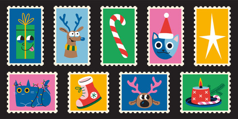 Set of cute hand drawn post stamps with Christmas attributes, groovy characters, gifts, reindeer and festive elements. Trendy modern vector illustartions in bright colors, flat design