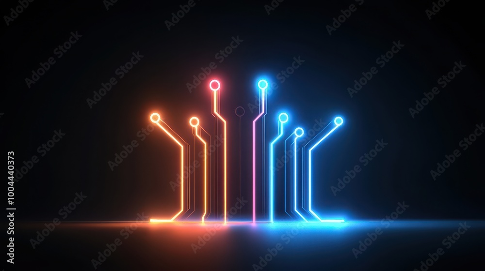 Aufkleber electronic circuit pattern morphing into streamlined support symbols, neon glowing lines, abstract t