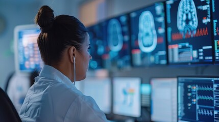 A doctor in a hospital control room analyzing medical data and brain scans on multiple monitors, focusing on patient diagnostics and advanced technology.