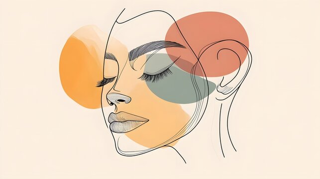 A beautiful line drawing of a face, eyes closed and lips slightly parted in an elegant pose, with colorful abstract shapes floating around it.