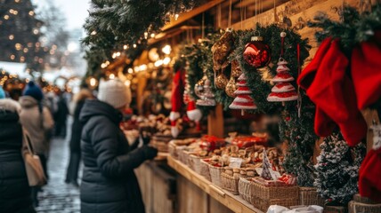 Obraz premium Christmas Market Stall with Decorations and Treats