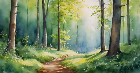 Obraz premium A tranquil forest path bathed in dappled sunlight, painted in watercolor with soft greens and blues. This serene scene evokes a sense of peace and tranquility.