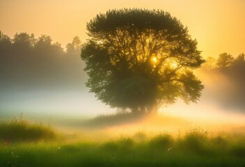 enchanting scene mystical fog blanket over lush green fields dawn revealing serene beauty, mist, landscape, nature, grass, meadow, sky, clouds, trees