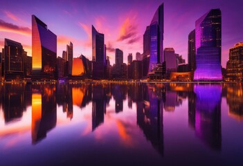 Obraz premium stunning dusk views vibrant city skylines displaying iconic architecture glowing lights serene atmosphere, buildings, cityscape, colors, evening, facades, horizon