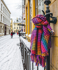 Fototapeta premium Colorful scarf hanging on a lamp post in a snowy European street, symbolizing warmth and winter fashion..