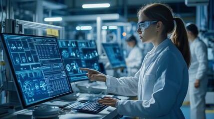 Scientist analyzing data on computer screens in a modern laboratory during a research session