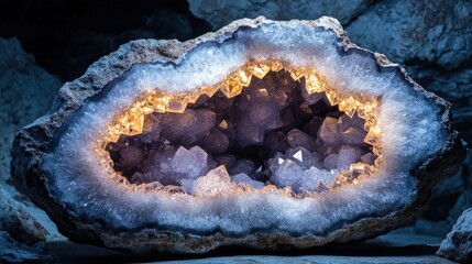 This large geode, found in a natural cave, is split open to expose a breathtaking array of sparkling amethyst crystals, catching the light beautifully