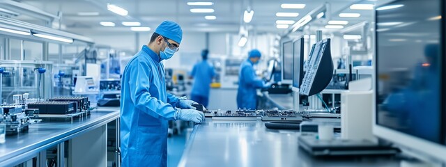 Employees in protective gear working on assembly line in high-tech manufacturing facility during daytime