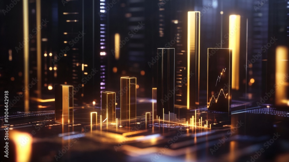 Poster A 3D bar graph depicting annual revenue growth, with gold and silver bars on a dark background, illuminated by futuristic lights and financial icons representing key performance indicators