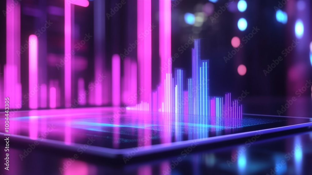 Aufkleber A 3D bar graph floating above a digital tablet, with bars emerging from the screen, symbolizing real-time data analytics in a futuristic business environment.