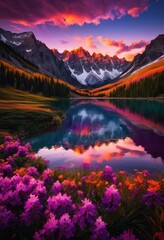 breathtaking view vibrant sunset casting palette colors over majestic mountain range outdoor scene, nature, sky, clouds, horizon, landscape, scenery, evening